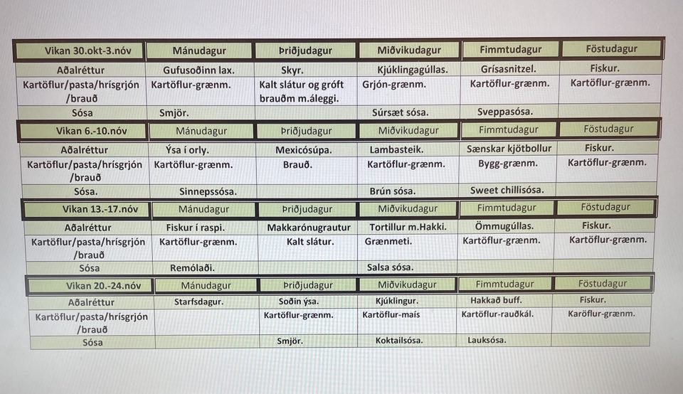Matseðill nóvember mánaðar er kominn á netið