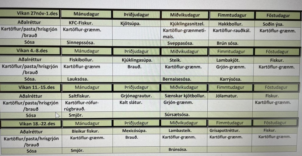 Matseðlar fyrir desember og janúar eru komnir á heimasíðuna