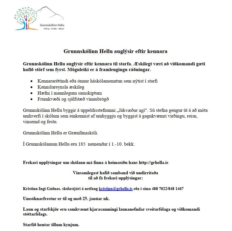 Grunnskólinn Hellu leitar að öflugum kennara